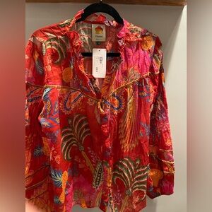 Mystic blush blouse, L/S, bohemian style, red pattern.